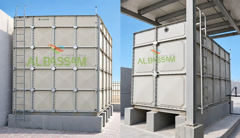 Insulated and non-insulated GRP panel water tanks on concrete bases at Motorway Yard, ICAD Abu Dhabi