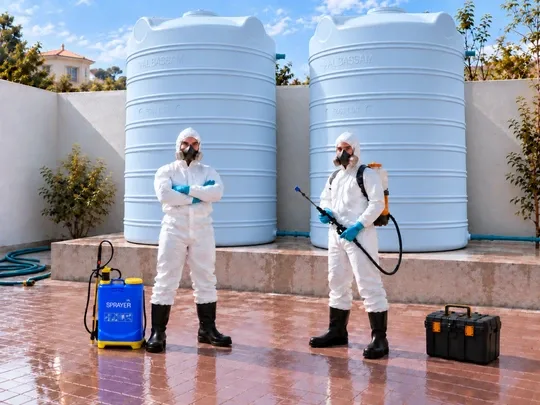 Al Bassam water tank cleaning team with equipment between large water tanks ready for a scheduled service