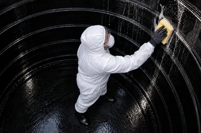 Technician cleaning sediment and residue from the internal surface of a water tank