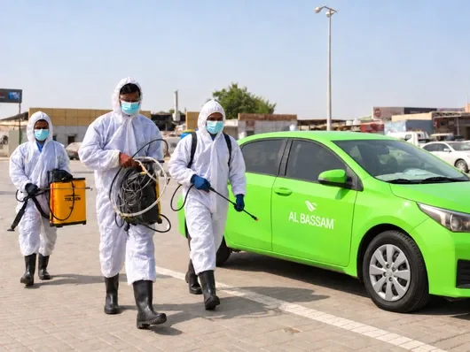 Al Bassam water tank cleaning team with service equipment and company vehicle in the UAE